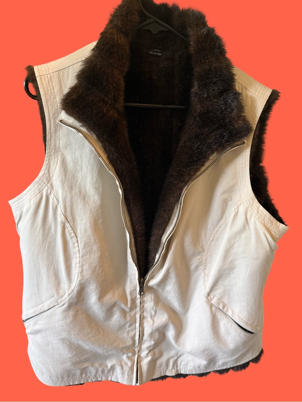 Tribal Cream Vest with Dark Brown Faux Fur Lining